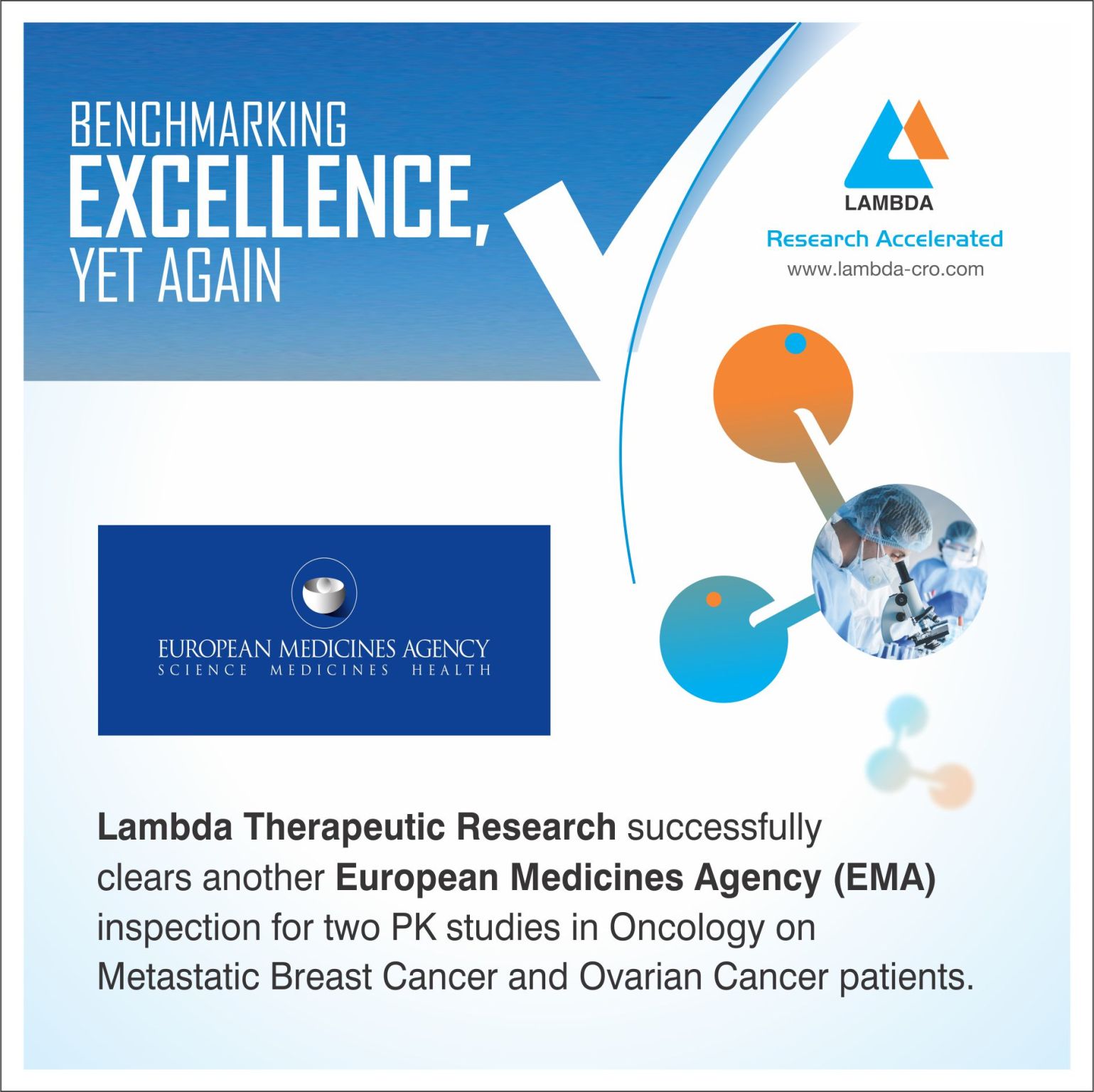Read more about the article Lambda Therapeutic Research successfully clears another European Medicines Agency (EMA) Inspection for two PK studies in Oncology on Metastatic Breast Cancer and Ovarian Cancer patients