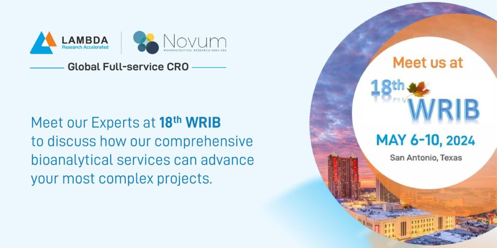 Lambda Therapeutic Research & Novum Pharmaceutical Research Services will be participating in the 18th WRIB (Workshops on Recent Issues in Bioanalysis) conference, scheduled from May 6-10, 2024, in San Antonio River Walk, TX, USA.